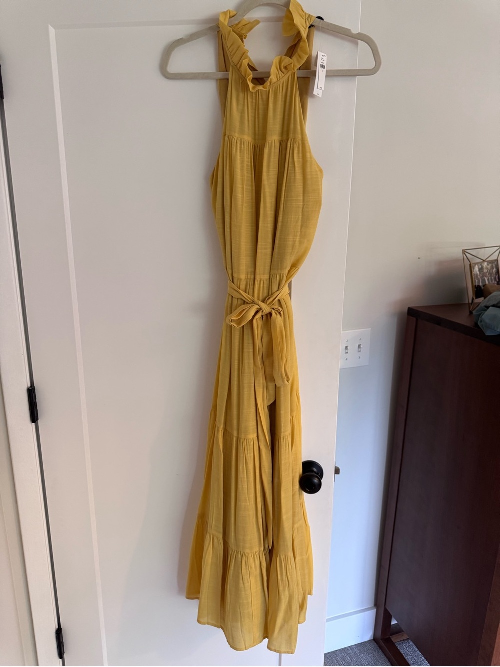 Yellow Halter Tiered Maxi Dress with Waist Tie